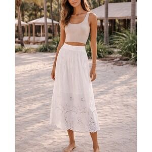 Future Collective Sz L White 100% Viscose Eyelet Peasant Midi Skirt Cottagecore